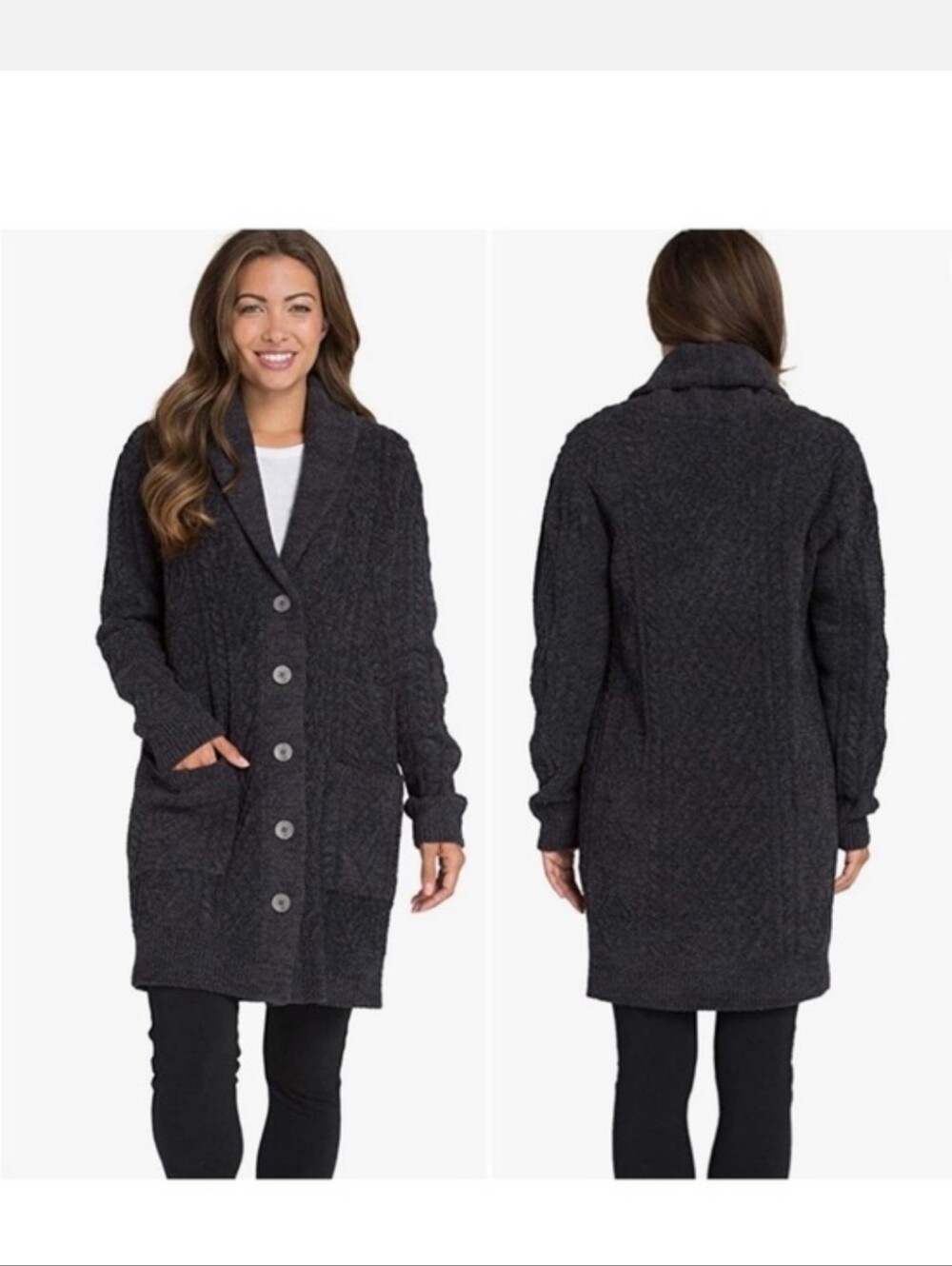 Barefoot Dreams Charcoal Cable-Knit Aran Button Cardigan Sweater